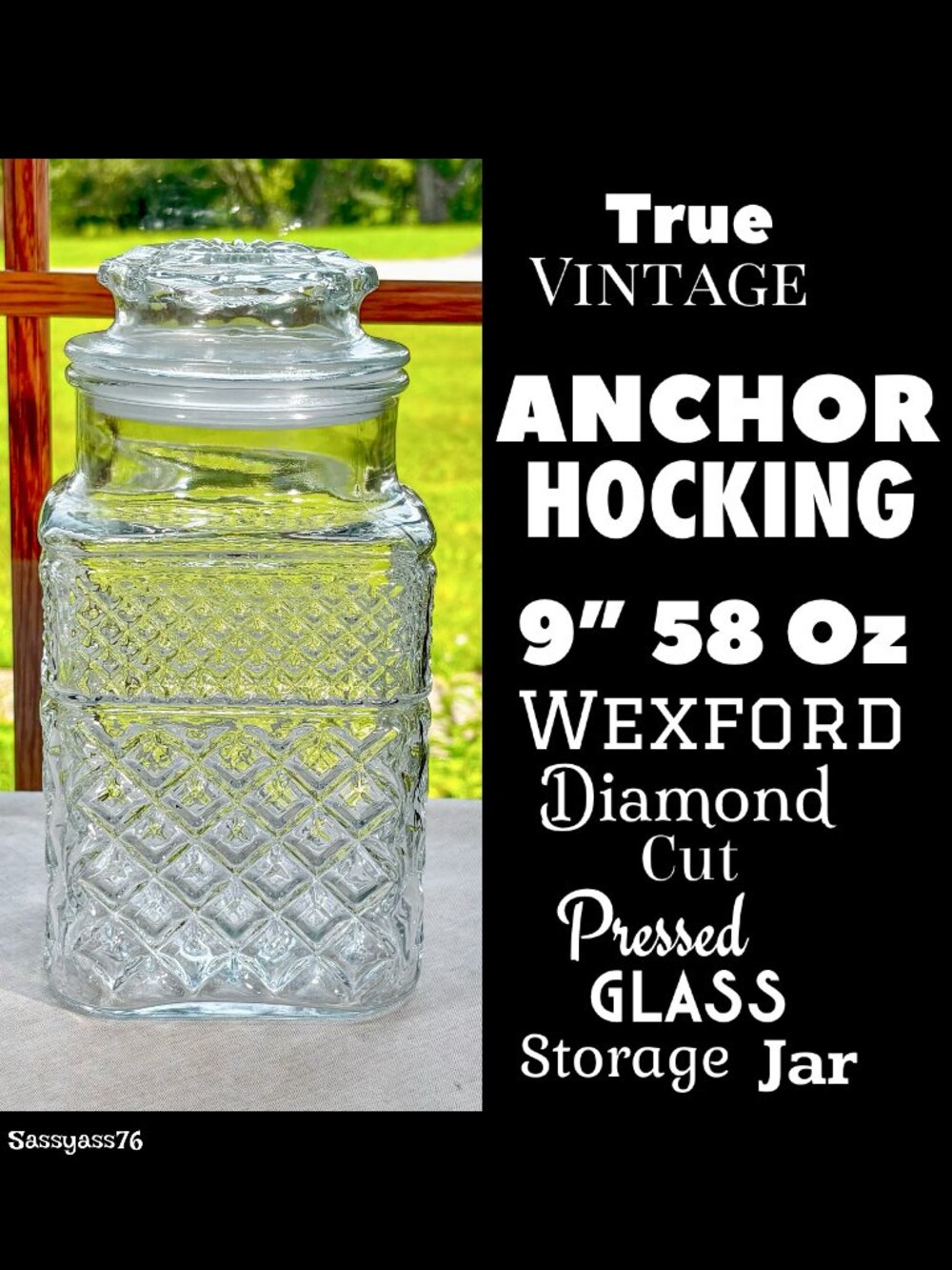 🆕VTG▪️ANCHOR HOCKING▪️9" 58 Oz WEXFORD Diamond Cut Pressed Glass Storage Jar